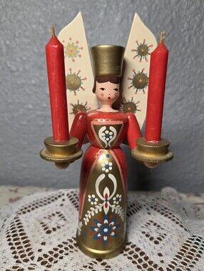 Vintage Erzgebirge Angel Candleholder German Handpainted Wood Christmas Decor